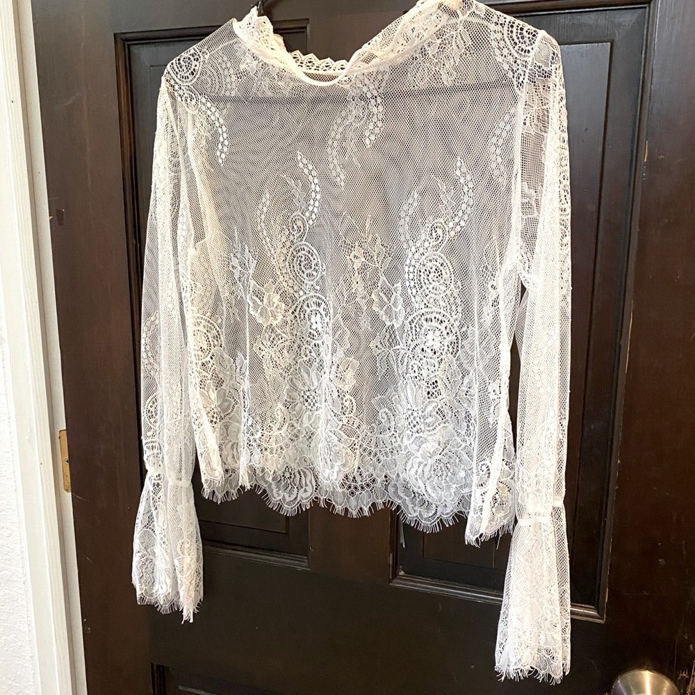 White lace. see-through, long sleeve ,crop top
